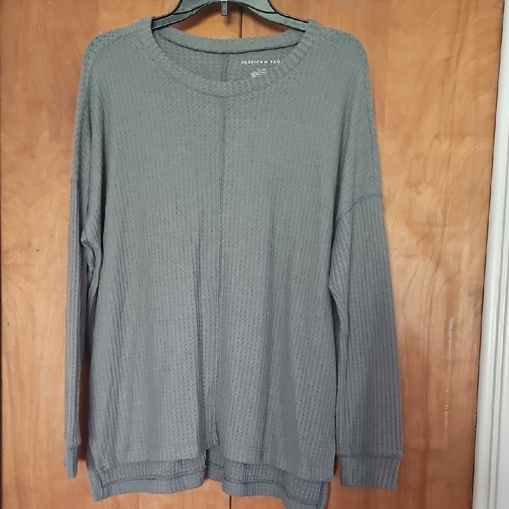 American Eagle Outfitters Gray Textured Waffle Knit SOFT Top Oversized Small
